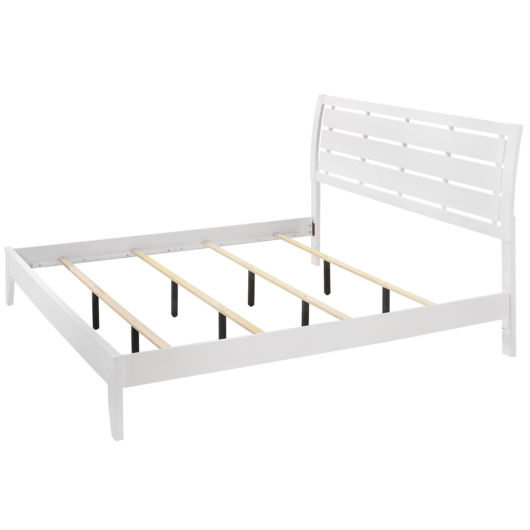 JERFIT King Size Panel Bed Frame with Geometric Headboard, White Wood Platform Bed with Slat Support, Low Profile Footboard Tapered Legs, Easy Assembly Modern Bedroom Furniture