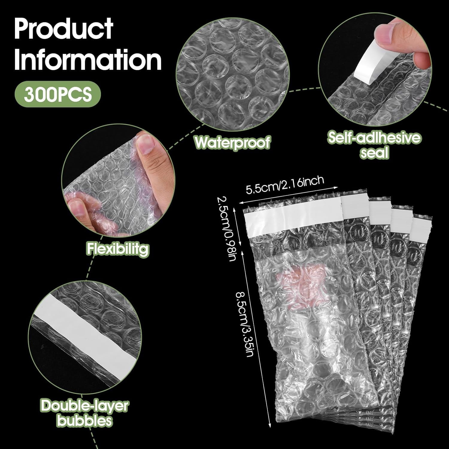 300Pcs Clear Bubble Wrap Bags, 2.16 x 3.3 Inch Self-Sealing Double Wall Bubble Pouches for Moving, Shipping, and Storage