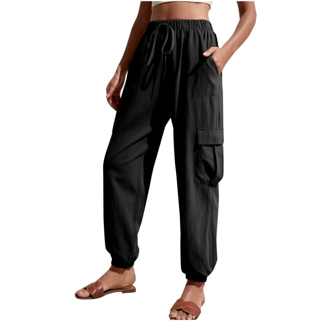 AherBiu Pantalons Taille Haute pour Femmes avec 4 Poches Printemps Automne Décontracté Ample Bas Resserré