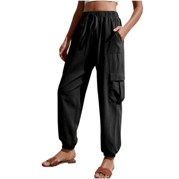 qolati Cargo Pants for Women 2024 Summer Harems Baggy Wide Leg Yoga Joggers Drawstring High Waist Lounge Cropped Pants with Pockets
