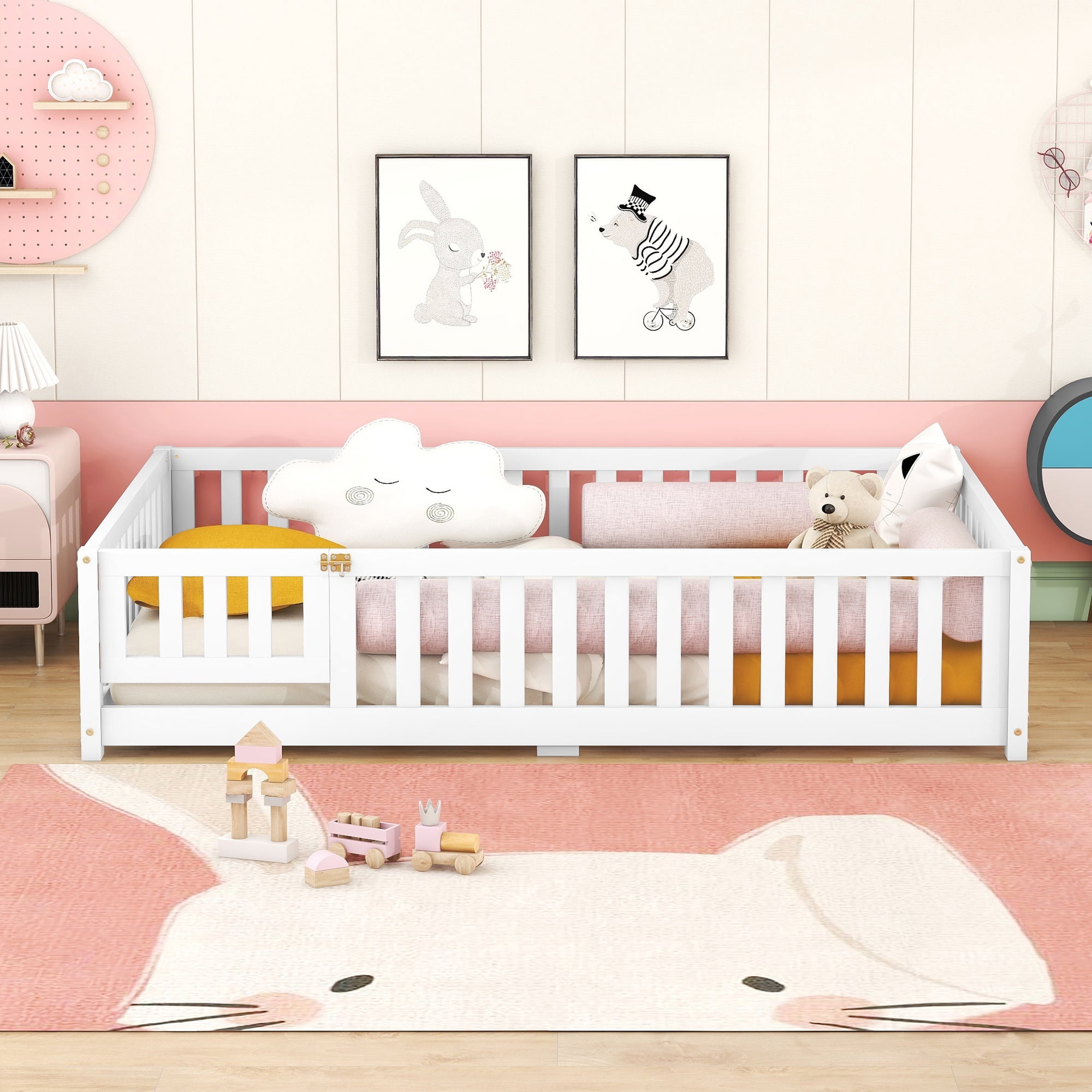 DEALTOPS Full Size Floor Bed with Safety Guardrails and Door Montessori Wood Bed Frame for Kids, White