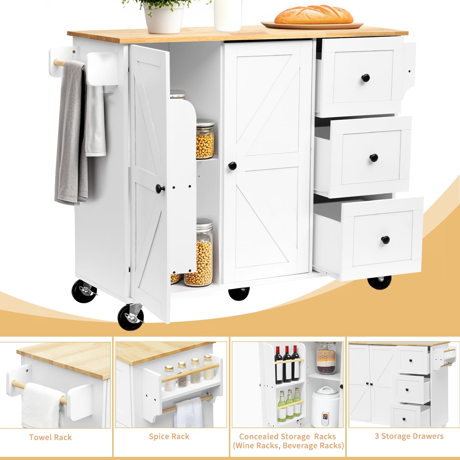 ZZBIQS Kitchen Island Cart on Wheels with  Cabinet & Drawer & 2 Adjustable Shelves, Rolling Kitchen Storage Cabinet with Wine Rack, White