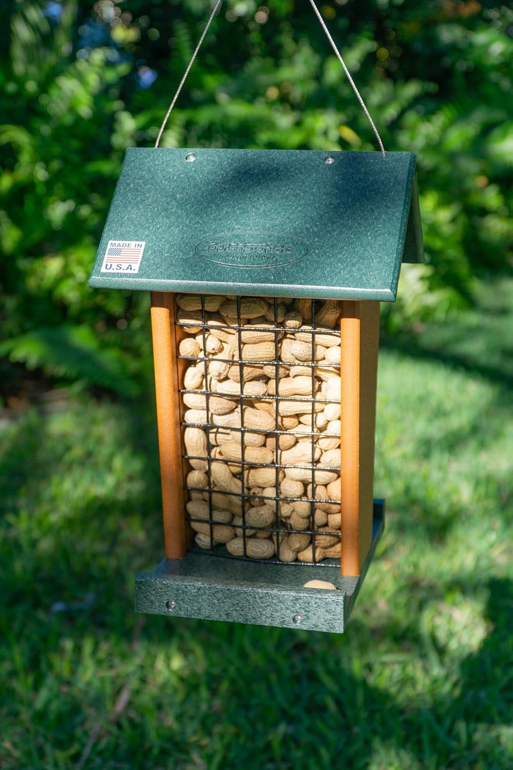 DutchCrafters Plastic Poly Hanging Whole Peanut Bird Feeder for Large Birds, Woodpeckers, Blue Jays for Outdoor, Garden, Yard - USA Amish Made (Turf Green & Cedar)