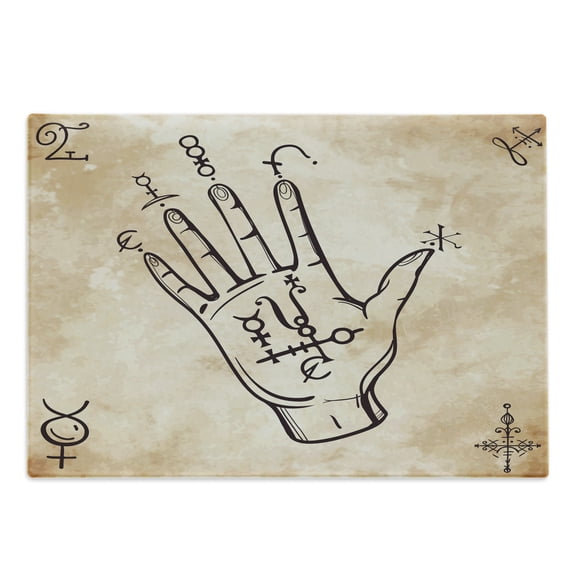 Occult Cutting Board, Hand Sketch with Spell Signs on Grunge Medieval Retro Themed Art, Decorative Tempered Glass Cutting and Serving Board, Large Size, Black and Tan, by Ambesonne
