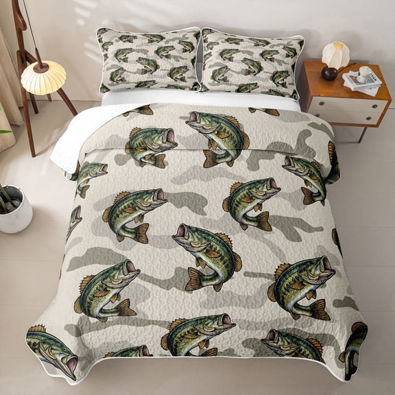Feelyou Camo Largemouth Bass Fish Wildlife Twin Quilt Set for Men, Deep Ocean Twin Coverlet Set, Beige, 2 Pieces