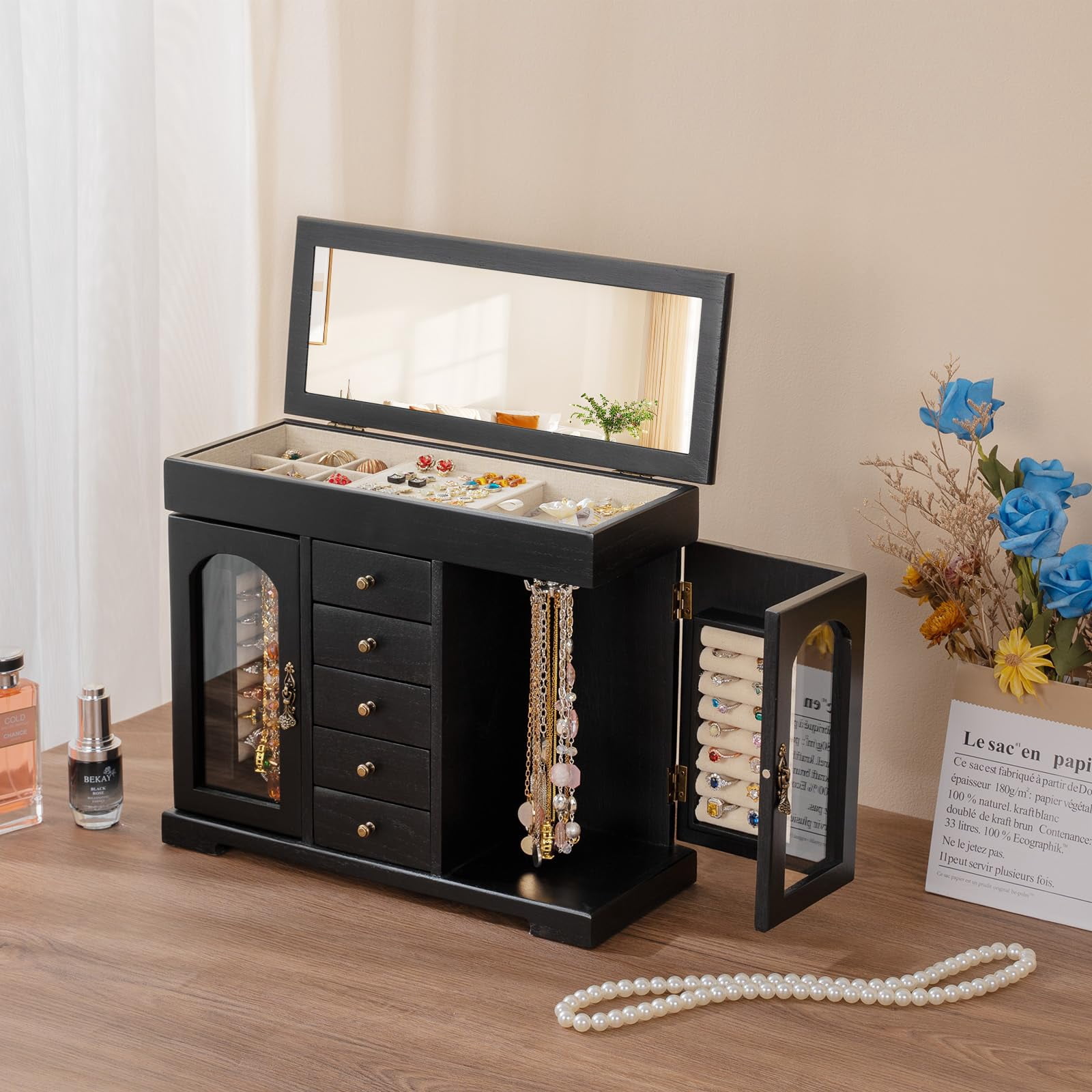 Sfugno Jewelry Box for Women Girls, Wooden Jewelry Organizer Box with Mirror, 5 Layer Jewelry Storage Case,Black