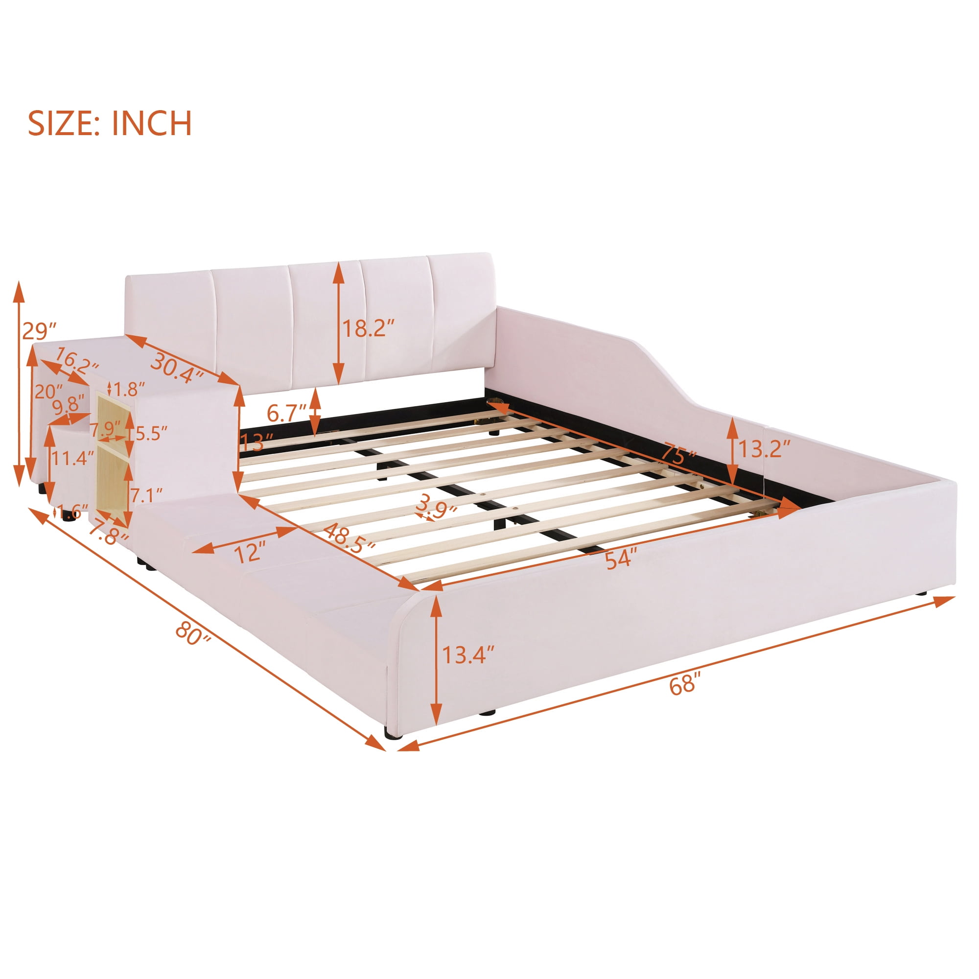 Aukfa Full Size Mother & Child Bed Frame, Velvet Upholstered Platform Bed with Bedside Desk & Stool, Grounded Design, Pink