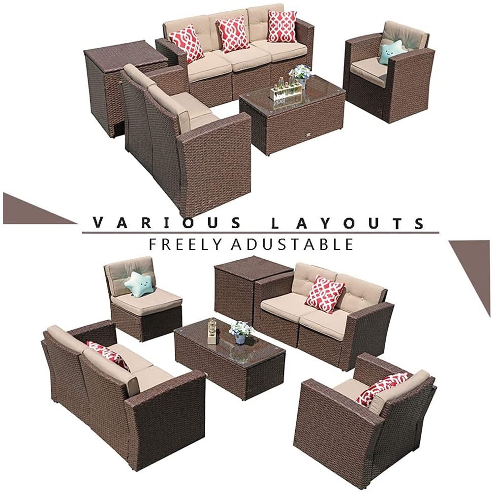JOIVI 8 Pc Outdoor Furniture Set with Storage Box, Wicker Rattan Patio Conversation Set with Sectional Sofa Couch for 6 People, Espresso Brown