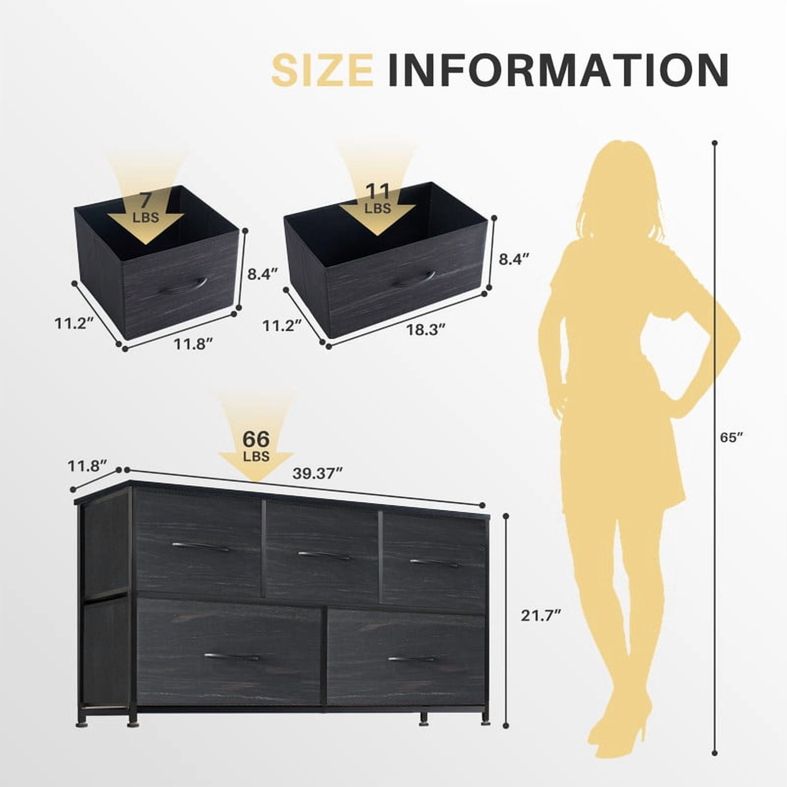 Simenmax 5 Dresser, Storage Drawers with Removable Fabric Bins, Fabric Closet Chests Organizer for Bedroom, Closet, Living Room, Black Wood