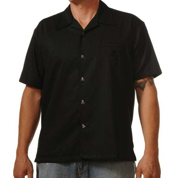 Men's Skull Button Up Bowling Shirt Black