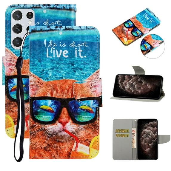 SaniMore for Samsung Galaxy S23 Ultra 6.8" 2023 Wallet Case, Color Painting Pattern with Kickstand Card Slots Detachable Wrist Strap Girls Women PU Leather Case Magnetic Clasp, Glass Cat