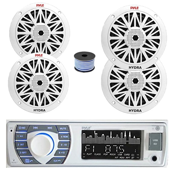 Pyle PLRMR23BTW Single DIN Bluetooth AM/FM MP3 Receiver, 2x 8" 300 Watt 2x 6.5" 200 Watt Full Range Marine Speakers (White), Wire