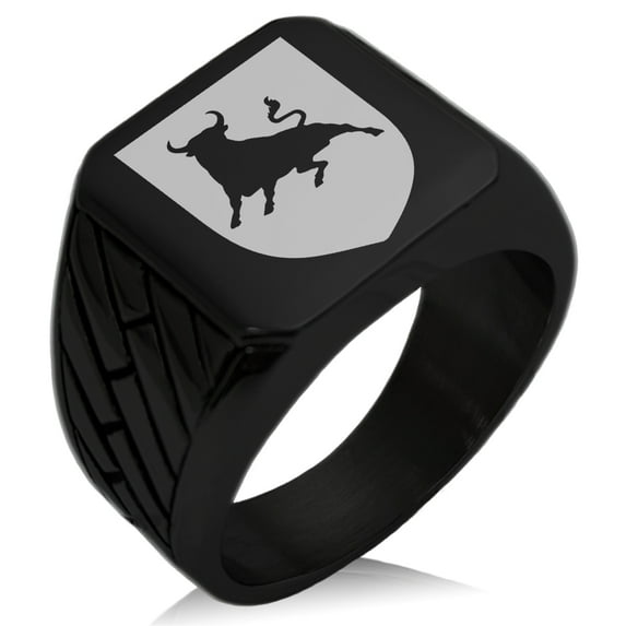 Stainless Steel Bull Bravery Coat of Arms Shield Geometric Pattern Biker Style Polished Ring