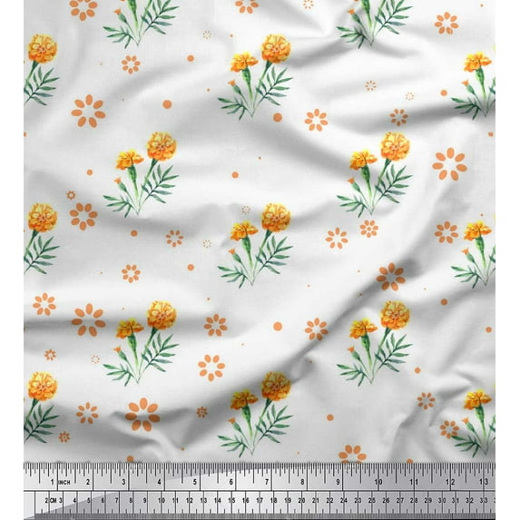 Soimoi White Viscose Chiffon Fabric Marigold Floral Print Fabric by the Yard 42 Inch Wide