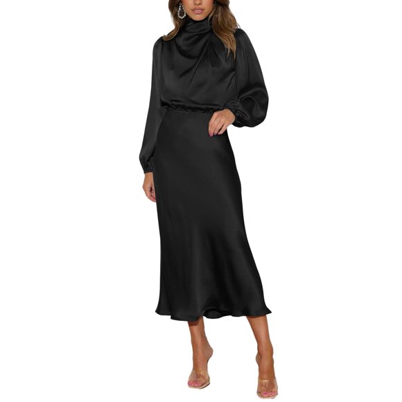 Vestido Lohuatrd para mujer, cuello medio alto, satén, manga larga, color liso, mangas abullonadas, cintura ajustada, vestido de noche, boda, cóctel, fiesta, midi.