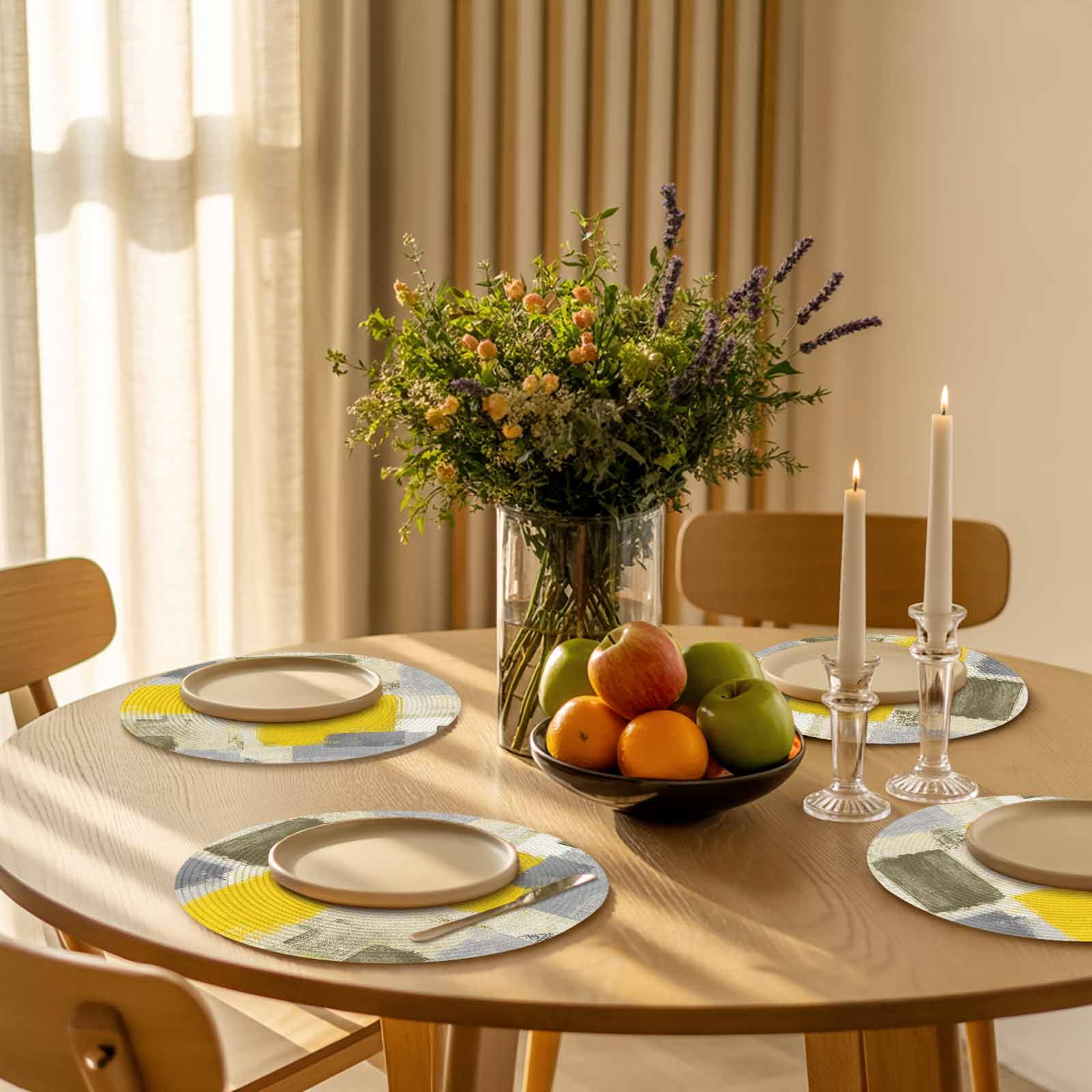 Abstract Vintage Round Table Placemats set of 6, Art Oil Painting Texture Washable Woven Place Mats for Dining Tables Kitchen Party Decor,Heat Proof, 13in, Yellow