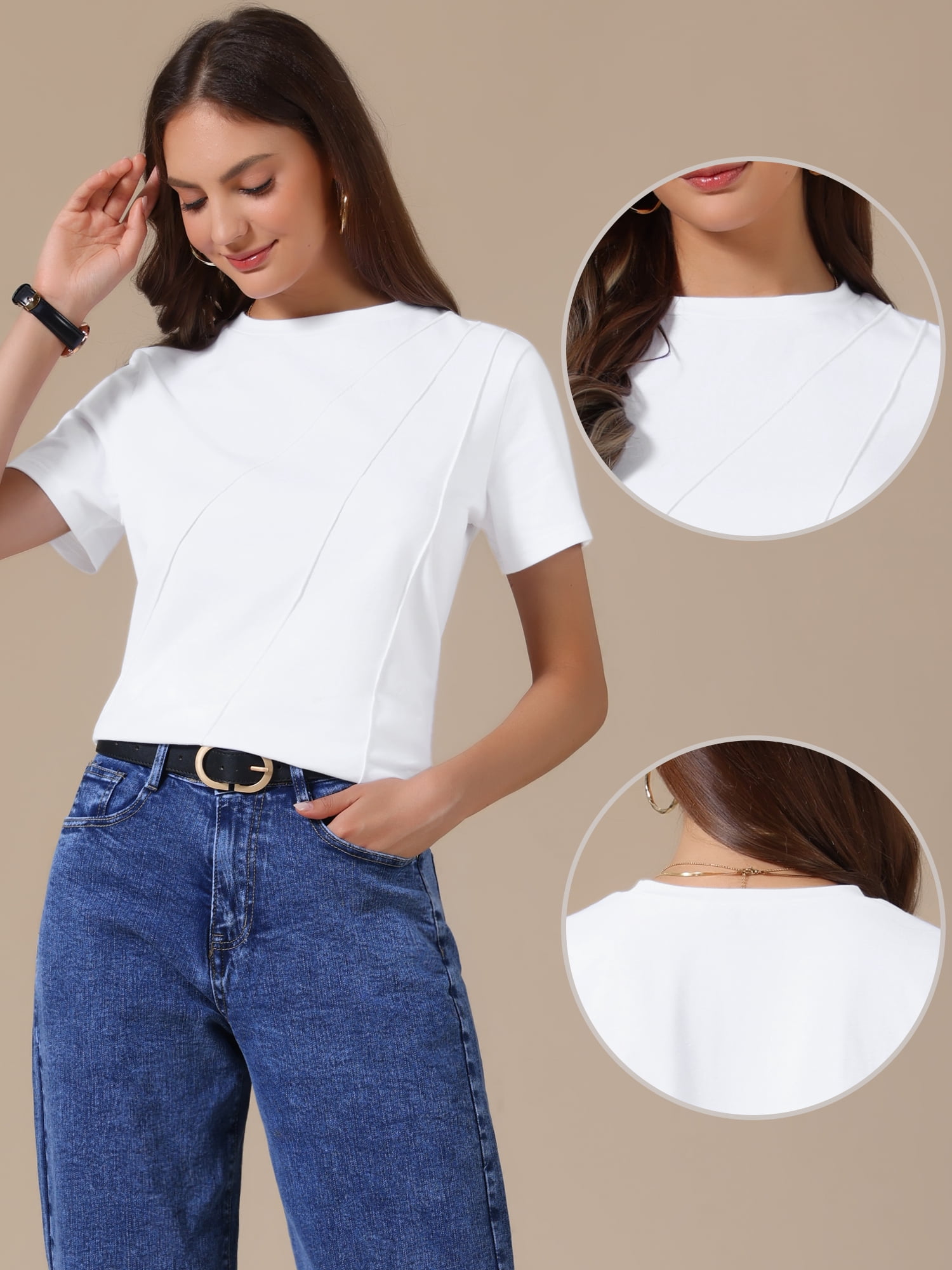 DARING DIVA Women's Short Sleeve Crew Neck Business Casual Blousess S White