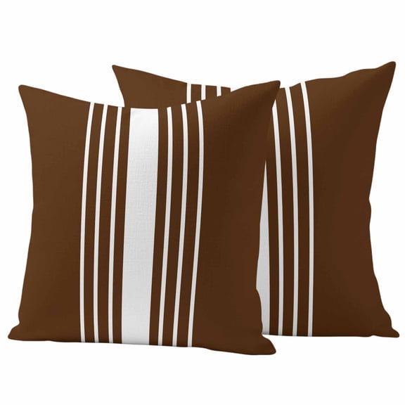 Brown White Stripe Outdoor Waterproof Pillow Covers, Modern Rustic Vertical Striped Decorative Square Throw Pillowcase Sofa Cushion Sham for Patio/Couch/Chair, 24"x24" 2 Pack