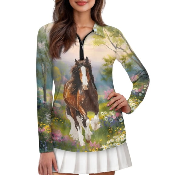 Chririnla Elegant Brown Horse Golf Shirts for Woman UPF 50 Sun Protection Quick Dry Lightweight Long Sleeve Polo Shirts for Woman Golf Club Apparel for Golfing, Tennis, Hiking,XL