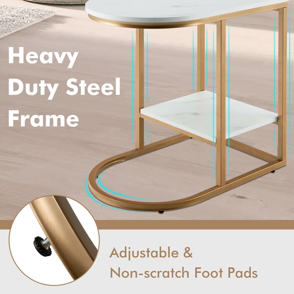 Finihen Side Table, C-shaped Side Table with Faux Marble Tabletop and Golden Steel Frame, Sofa Side Table, Bed Side Table, for Living Room, Bedroom, White