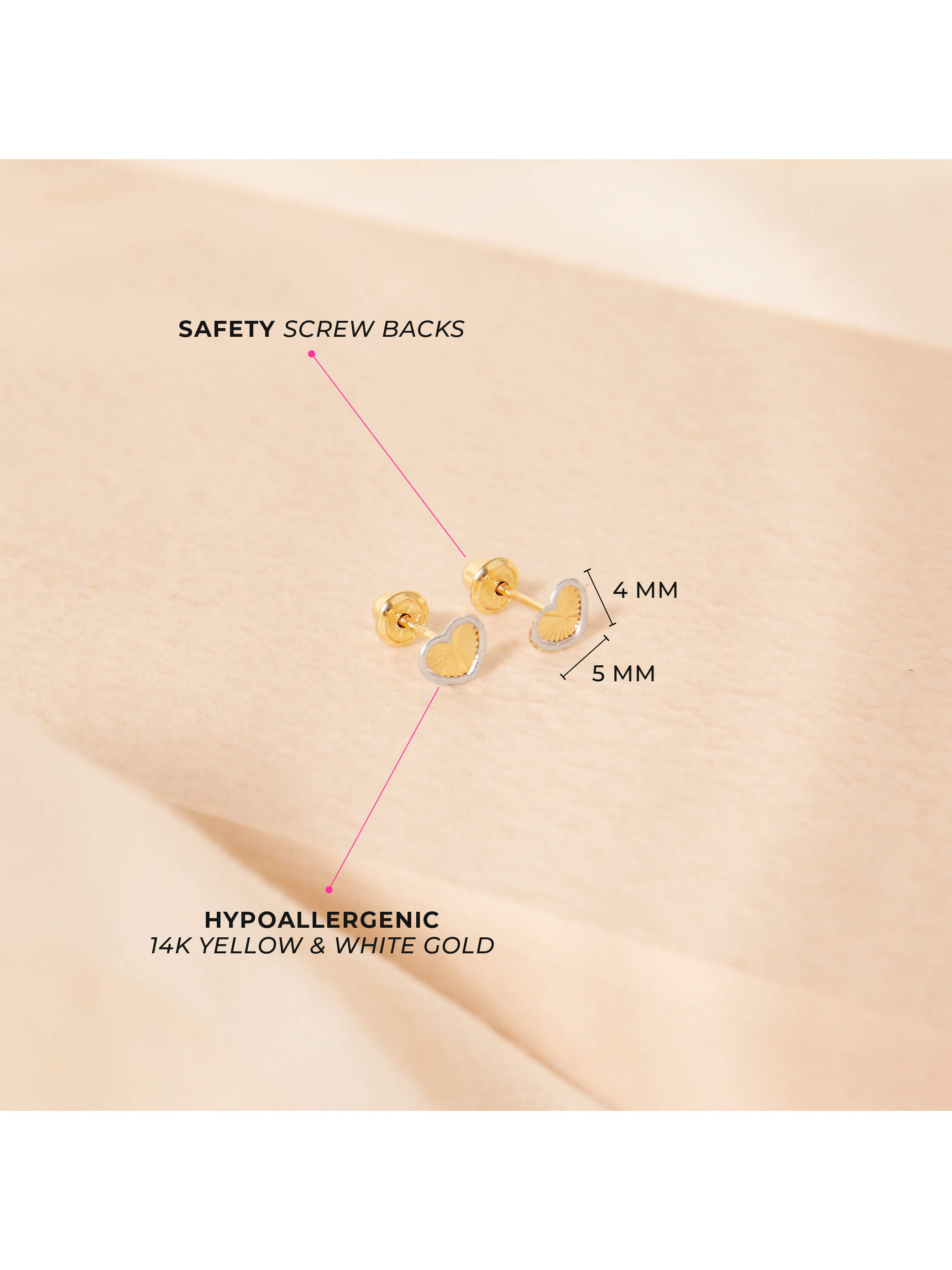 14k Gold Diamond Cut Heart Toddler / Kids / Girls Earrings Safety Screw Back