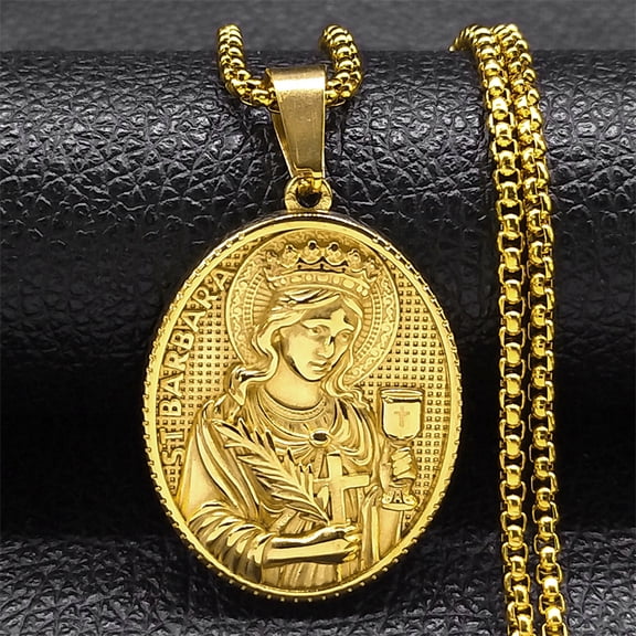 Saint Barbara Cross Medallion Necklace for Women Men 14K White Gold Amulet Christian Chain Jewelry colar