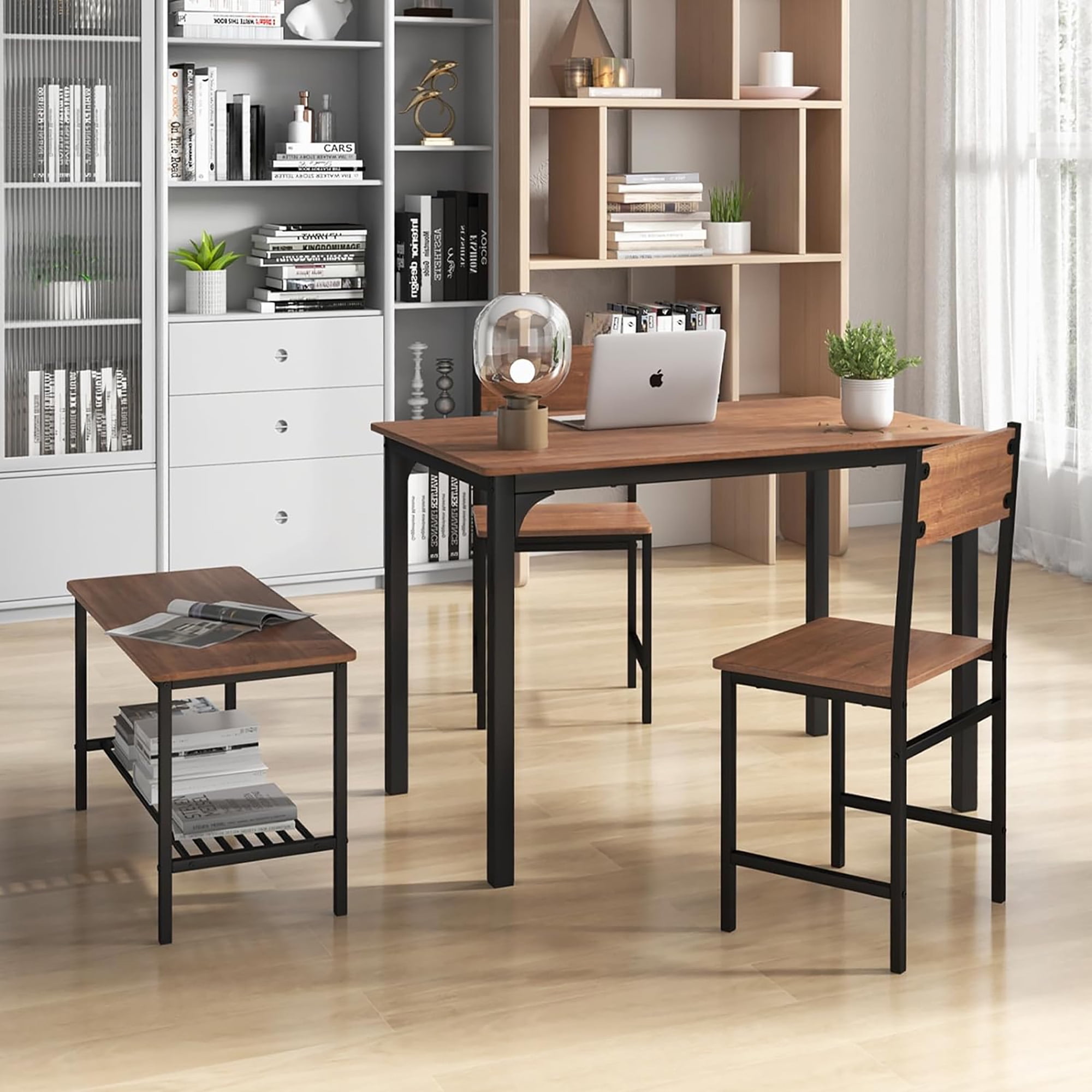 Gymax 4pcs Dining Table Set Rustic Desk 2 Chairs & Bench w/ Storage Rack Brown