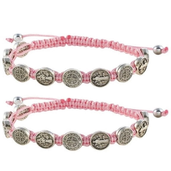 Pink St. Benedict Cord Rosary Bracelet (10) Silver Tone Beads (Set of 2)