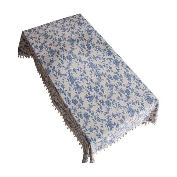 Nappe à Franges en Coton et Lin à Roses Bleues Vintage Nappe de Pique-Nique Vintage Nappe à Franges Nappe de Décoration de Mariage Nappe en Tissu Sale