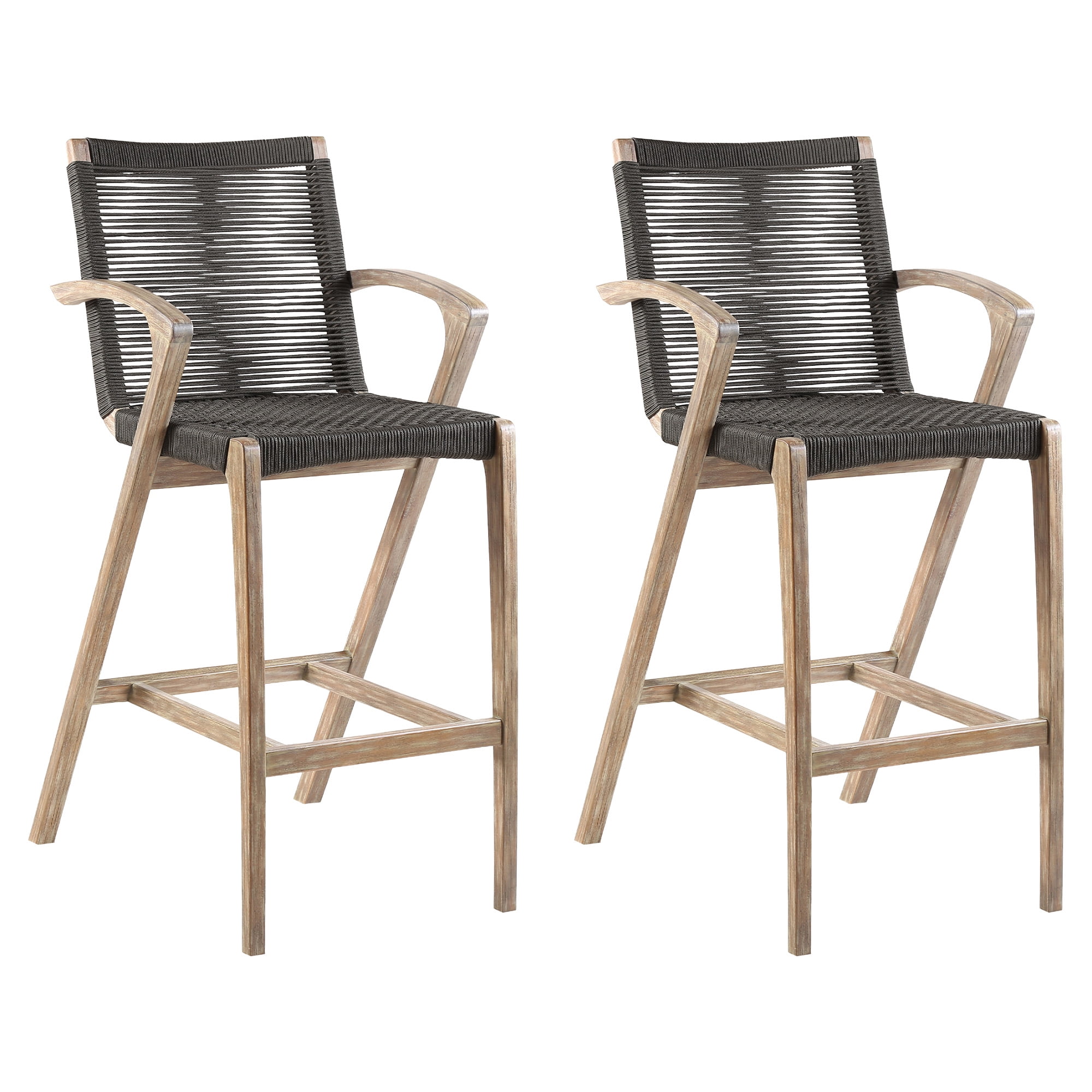 Brielle Outdoor Light Eucalyptus Wood and Charcoal Rope Counter Height Stool - Set of 2