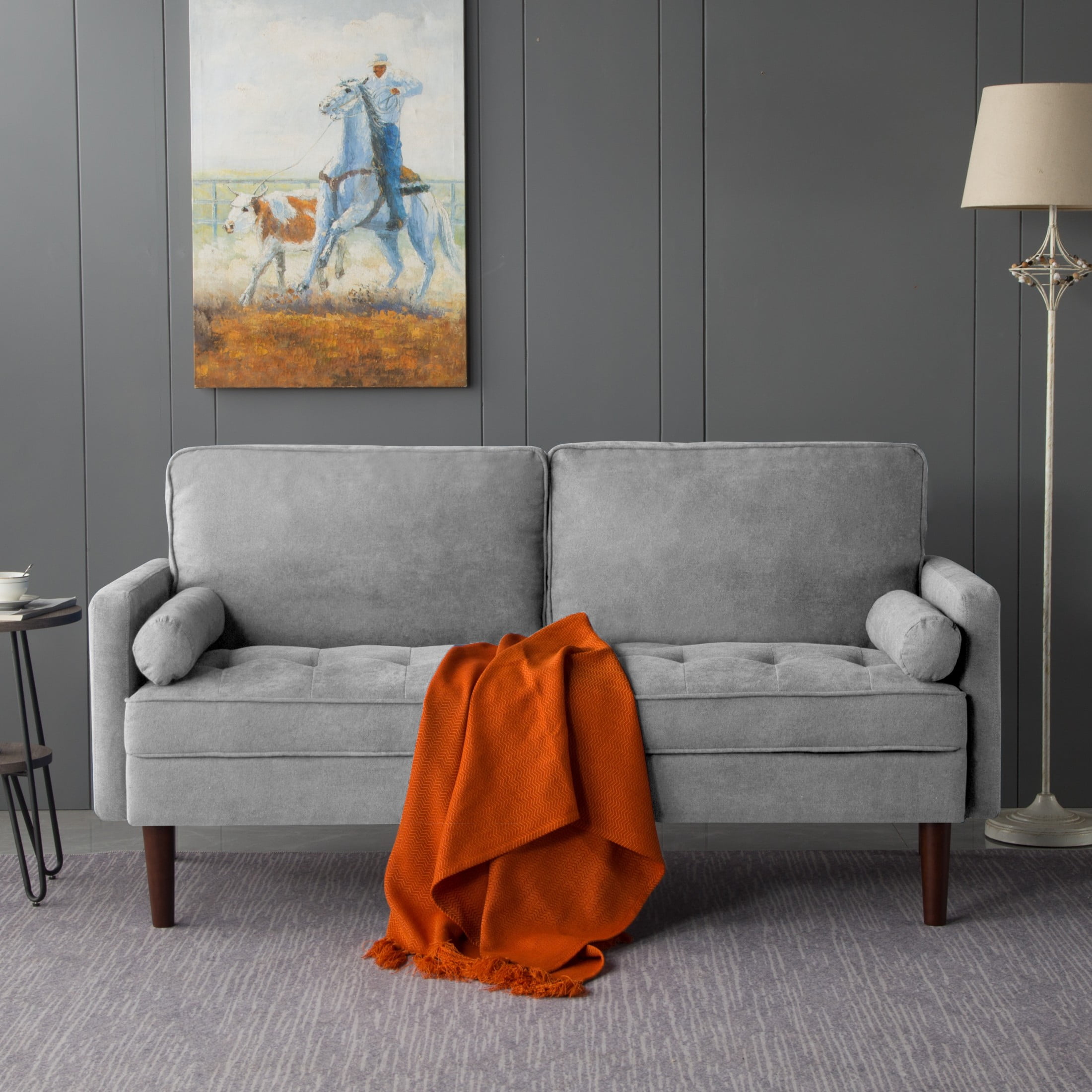 Gewnee 65" Modern Loveseat Couch, Upholstered Sofa with Removable Back Cushion and 2 Bolster Pillows, Contemporary Loveseat for Living Room, Home Office, Bedroom(Light Grey)