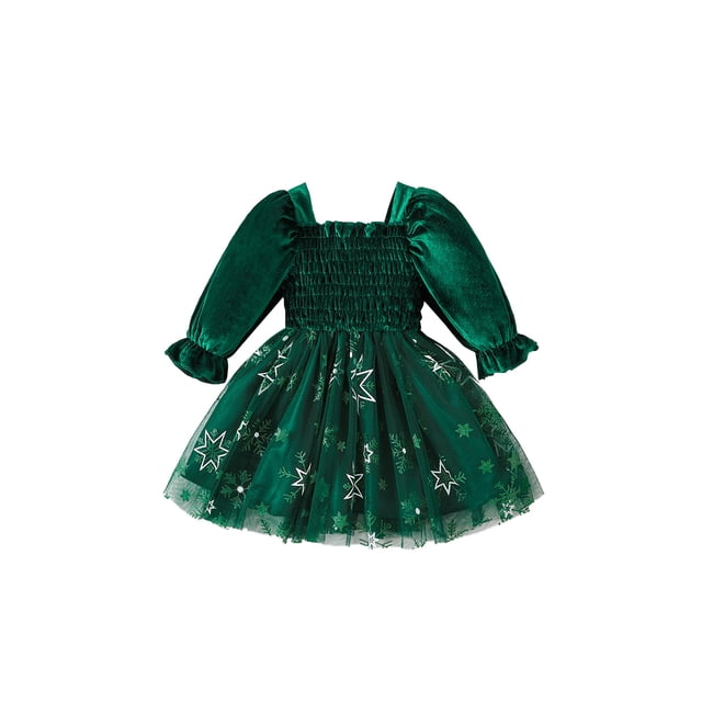 SUNSIOM Robe de Noël pour Petite Fille, Imprimé Étoile et Flocon de Neige, Encolure Carrée Froncée, Manches à Volants, Robe en Tulle pour l'Automne et l'Hiver