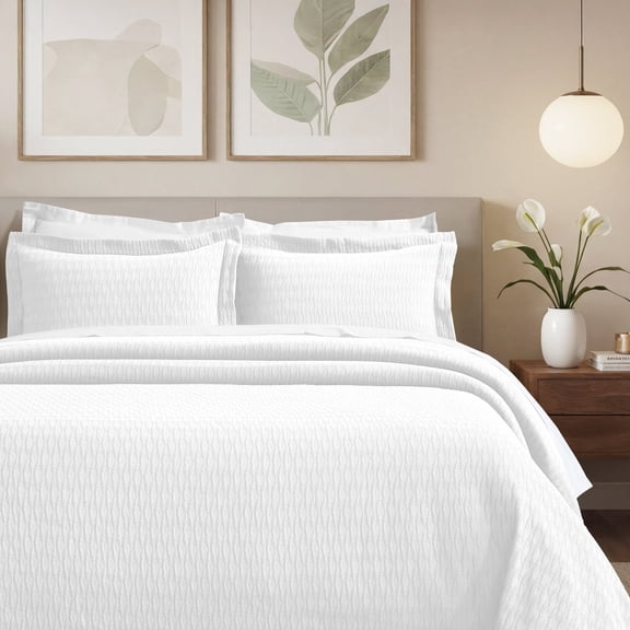 BNM Diamond Matelasse Cotton Bedspread Set, King, White