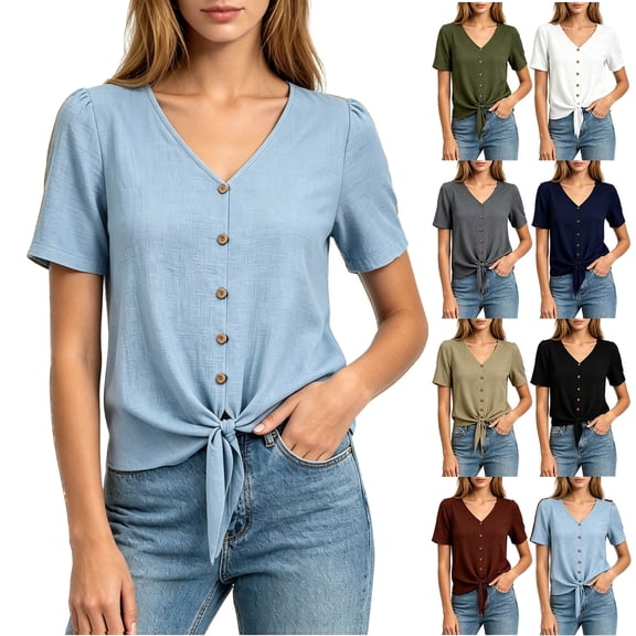 Tqyyweavej Women Cotton Linen Button Down Tops Tie Front Short Sleeve Shirts Casual V Neck Summer Tops for Women Size S to 2XL