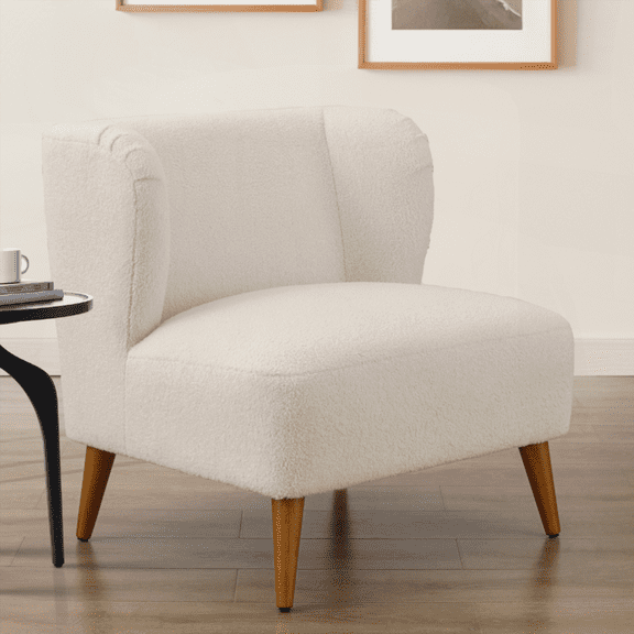 【1-Piece】Milky White Boucle Accent Chair with Solid Wood Frame and Backrest