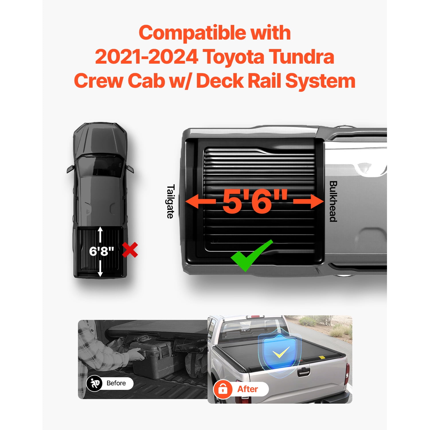 KFFKFF Retractable Truck Bed Cover, 5.5 ft Hard Cover with Integrated Drainage System for 2021-2024 Toyota Tundra Crew Cab with Deck Rail, Secure Double-Lock Design and T-Slot Compatibility