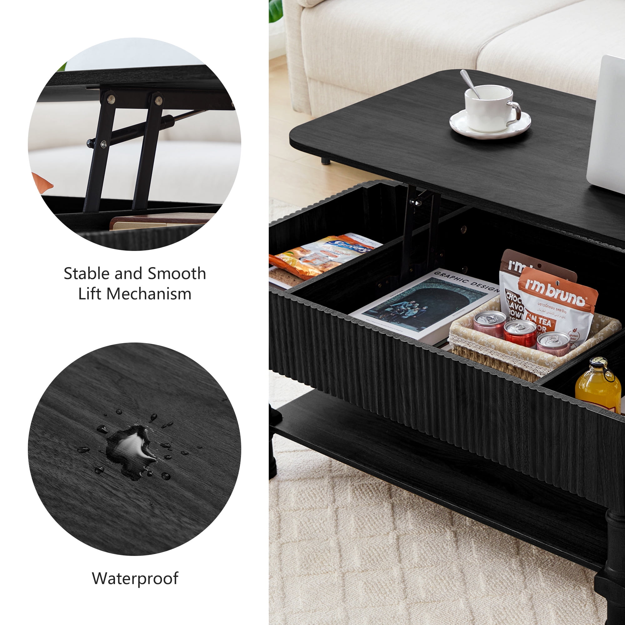 YOCWO Wood Roman Column Lift Top Coffee Table with Storage, Fluted Rectangle Coffee Table with Hidden Compartments for Living Room, Black