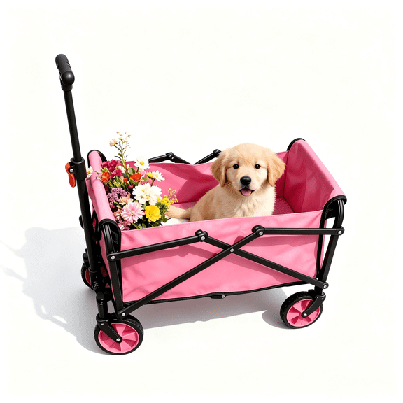 WildFinder Collapsible Small Outdoor Wagon Cart with Adjustable Handle & Waterproof Fabric, Folding Utility Wagon for Garden, Camping and Daily Use, Pink