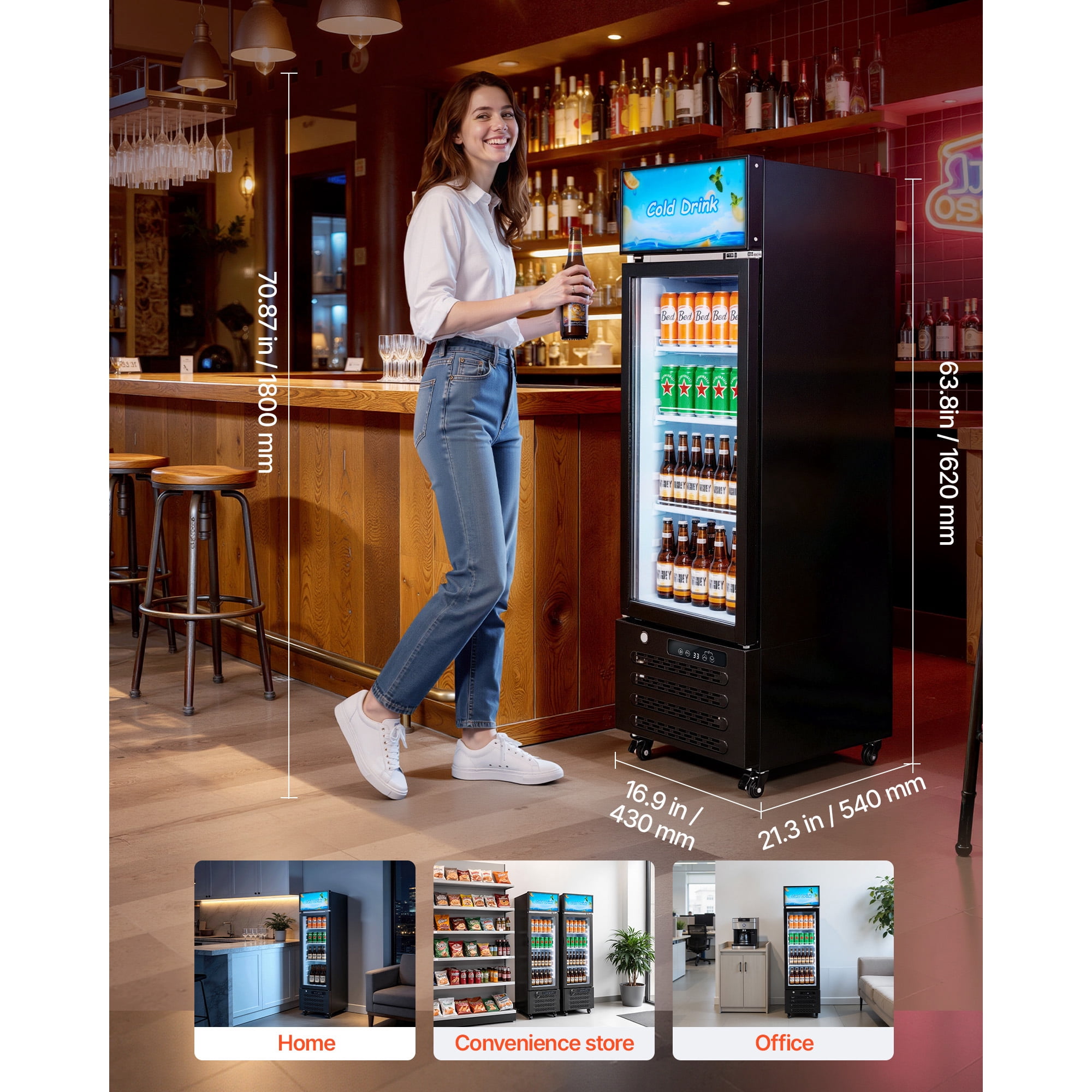 KFFKFF Commercial Glass Door Refrigerator, 6.1 Cu.Ft / 173 L Upright Beverage Cooler with Adjustable Lightbox, 3 Shelves & LED Lighting for Home or Business Use