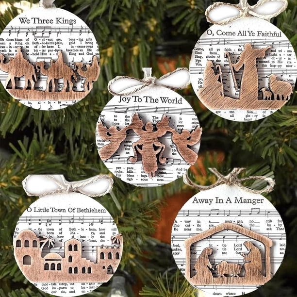 Adorno de natividad con partituras musicales, juego de adornos de madera con la historia de la natividad, adorno colgante de madera para natividad navideña, regalos religiosos cristianos de Pascua par