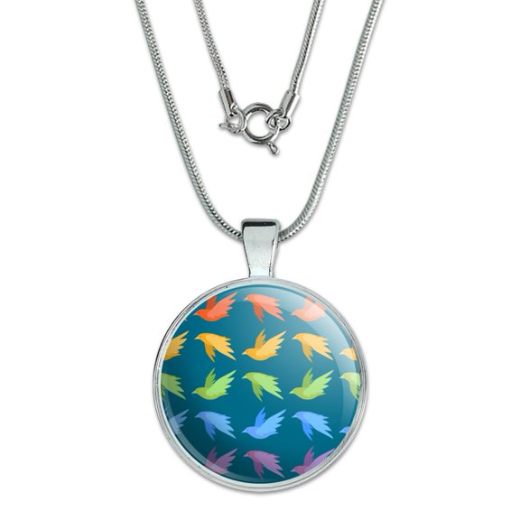 Flock of Rainbow Birds Flying in Pattern 1" Pendant with Sterling Silver Plated Chain
