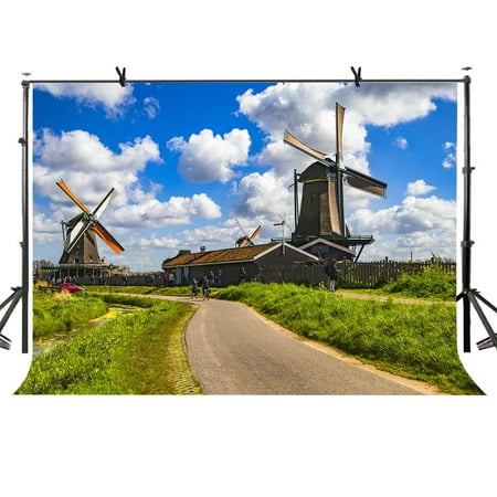 Image of ABPHOTO Polyester 7x5ft Windmill Village Backdrop Dutch Windmill Village Beautiful Photography Background and Studio Photography Backdrop Props