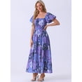 thumbnail image 4 of DARING DIVA Women Floral Sweetheart Neck Puff Short Sleeves Boho Maxi Dress L Purple, 4 of 6