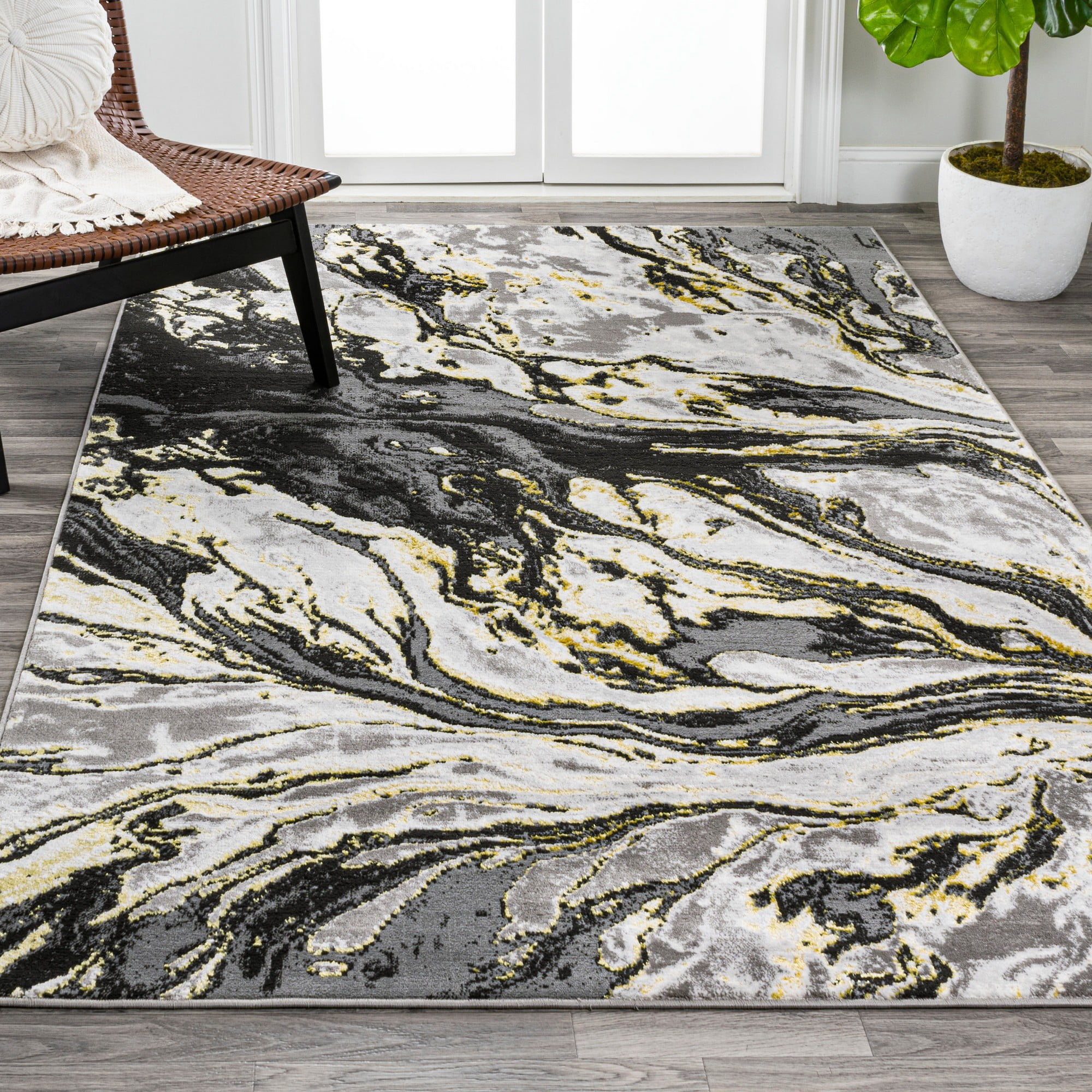 JONATHAN Y SILK ORCHID 3 x 5 Area Rug, Swirl Marbled Abstract - Black/Yellow, SOR203D-3