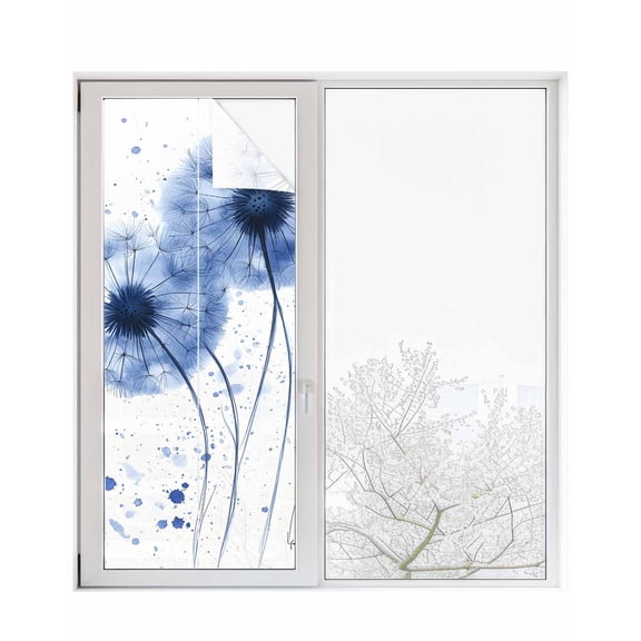 Window Privacy Film Blue Dandelion Stained Glass Window Film Decorative Sun Block Window Cover Contemporary Simple Watercolor Floral Window Clings Static Adhesive Sticker for Bathroom 23.6"x59"