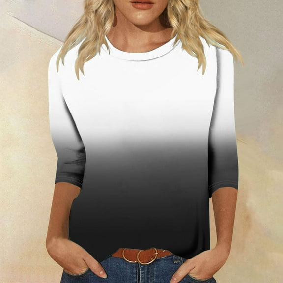 Tops for Women Plus Size 3/4 Sleeve Round Neck Gradient Casual Printed Loose T-Shirt Black L