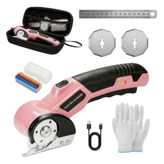 Pink Cordless Electric Scissors, Professional Fabric Cutting Kit, With 3 Sharp Blades, Steel Ruler, Fabric Marking Pen, Storage Case, Delivers Smooth And Even Cuts