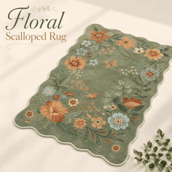 MORAVE Green 2x3ft Boho Small Floral Throw Carpet, Ultra-Thin Soft Washable Kitchen Rugs for Entryway, Non Slip Stain Resistant Indoor Door Mat for Bathroom Bedroom