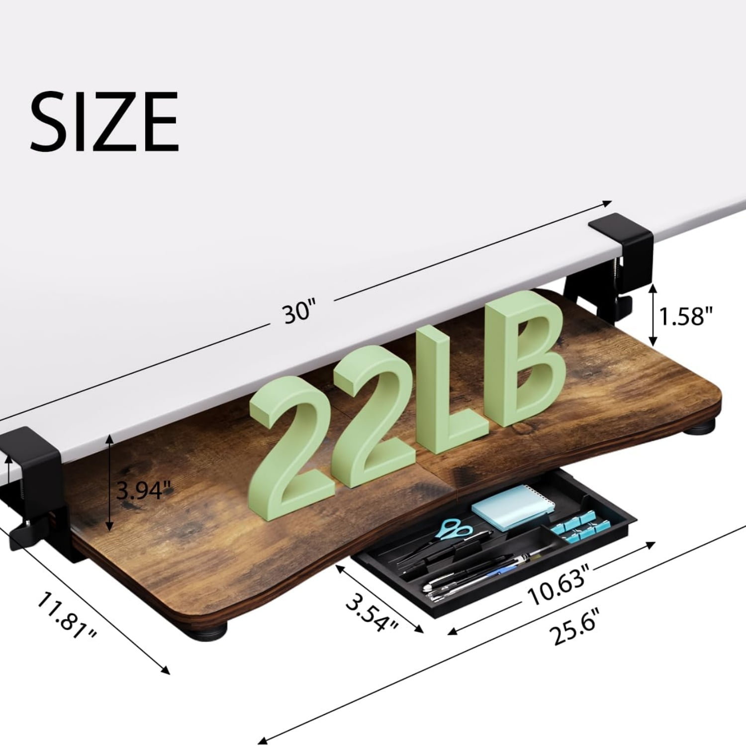 Desktop Keyboard Tray, Under Desk Pull Out,25.59" X 11.81" Large Size Radian Keyboard Tray with C-Clip Mount, Easy Installation, Computer Keyboard Stand, for Home Study and Office(Wood)