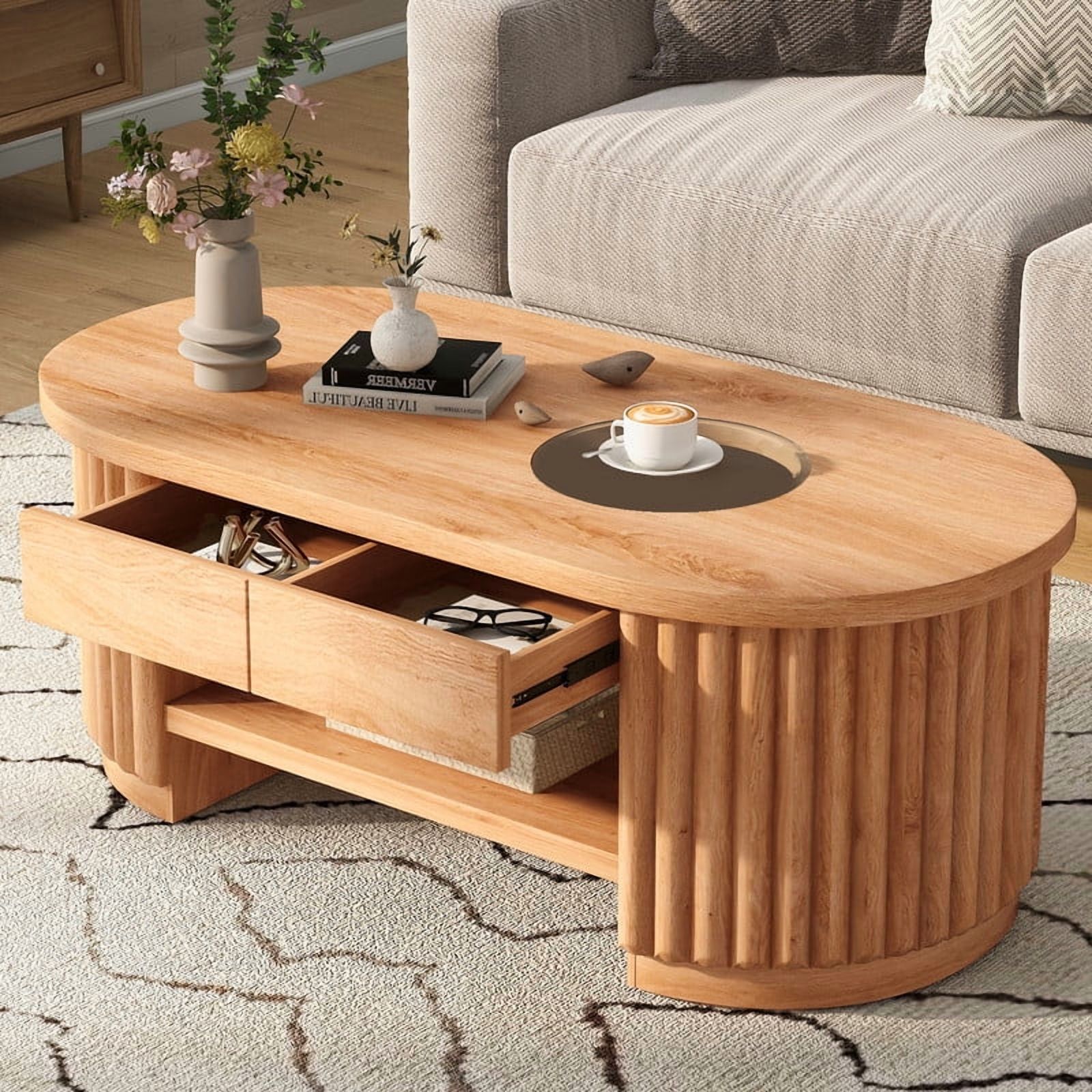 Mid-Century Modern Oval Coffee Table with Drawers & Tempered Glass Inset Top, 2-Tier Fluted Center End Table with Open Shelf